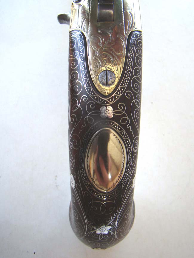 A Magnificent Brass Double Barreled Flintlock Pistol with Silver Inlays by John Parkes of London circa 1770. — image 8
